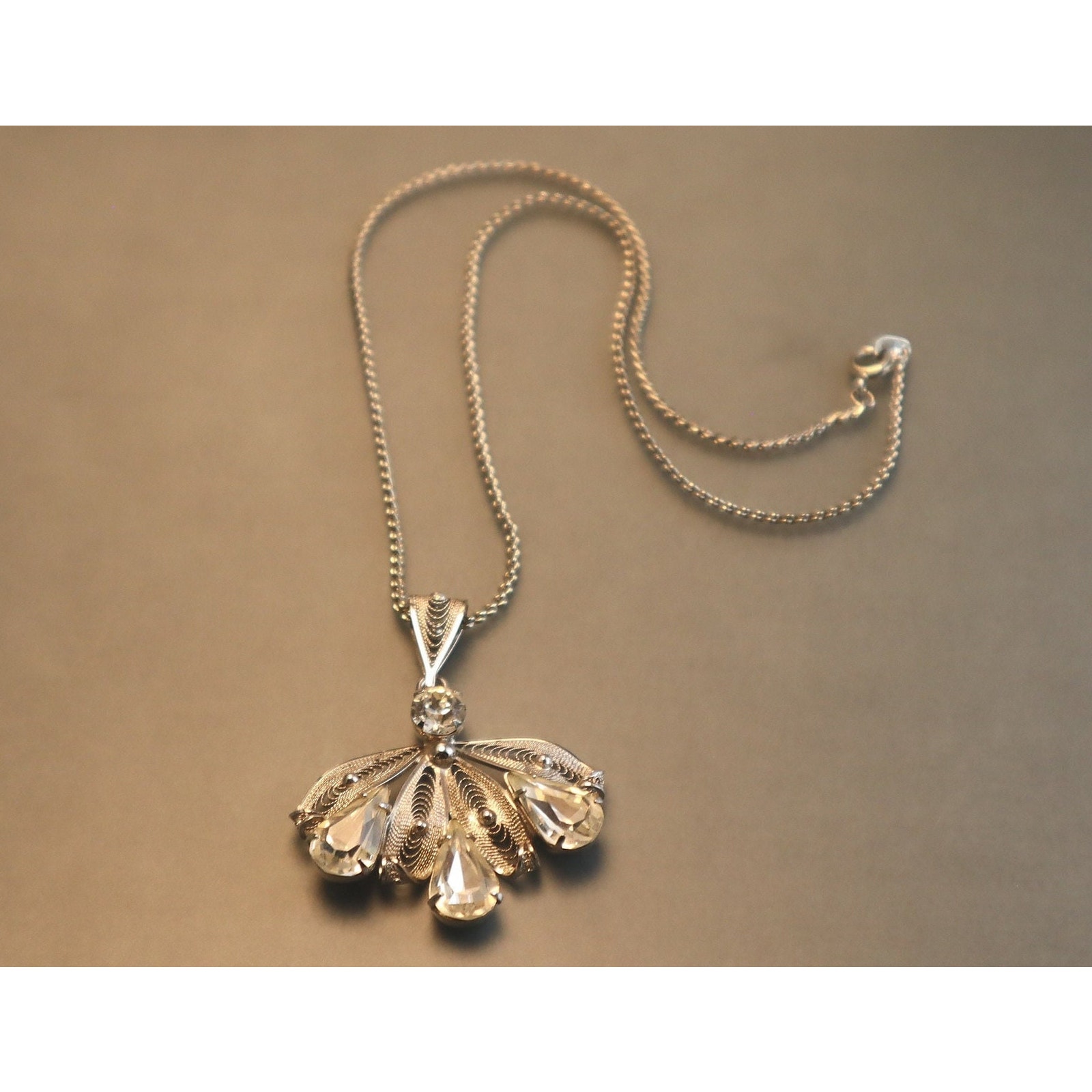 Sterling Rhinestone Filigree Pendant Necklace Marked Cameo